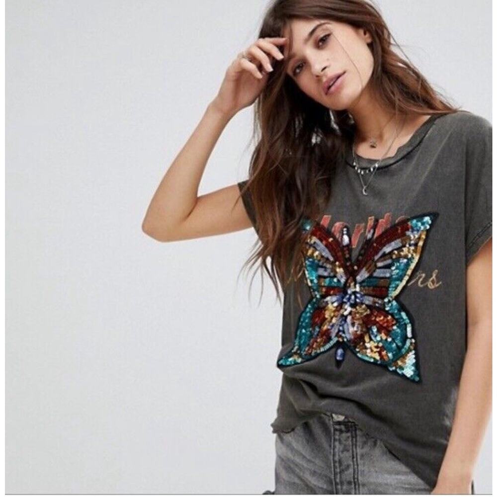 We The Free Dark Gray Graphic Butterfly Sequin Tee